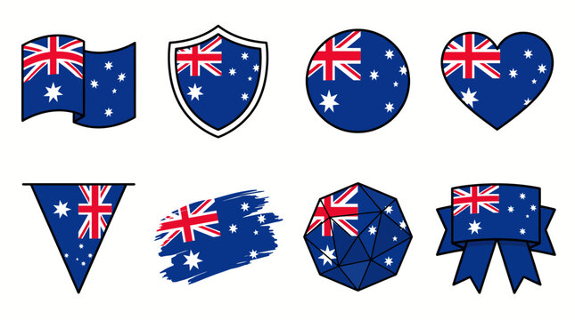 Collection of Australian Flag Emblems in Various Geometric Shapes and Styles