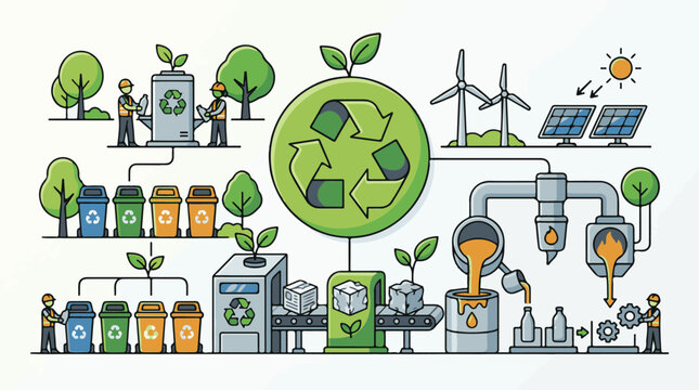 Eco-friendly recycling process and renewable energy generation depicted