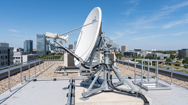 Large satellite dish on rooftop with city view