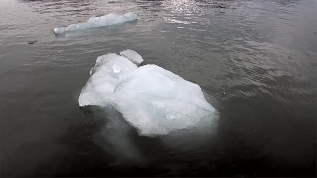 Majestic ice chunks journey across the dark, tranquil waters of the Arctic Ocean. These ephemeral frozen wonders reveal the pristine beauty of Svalbard, Norway, bathed in the soft light of summertime.