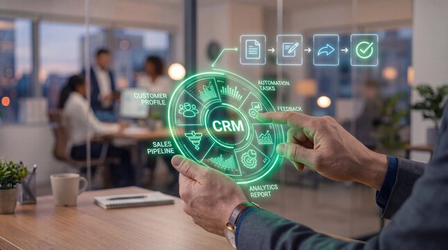 Business Professional Using Digital CRM Dashboard and Customer Relationship Management Interface