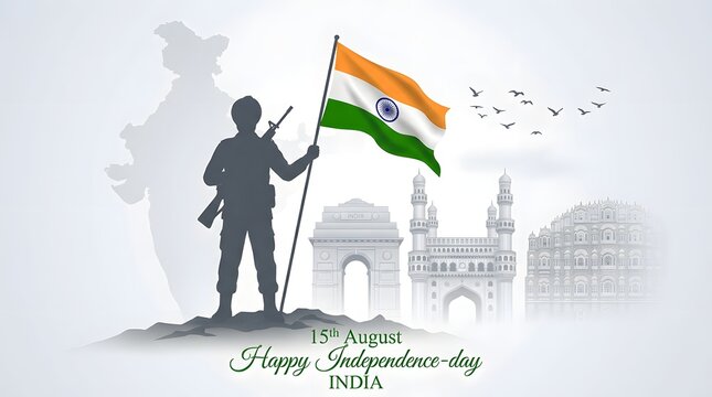 Indian independence day illustration with soldier flag and historical monuments