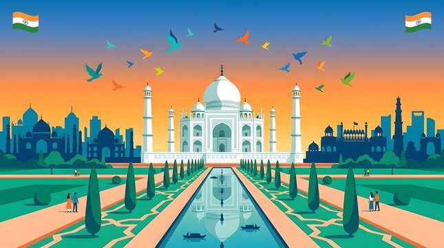 Taj mahal illustration with indian flag and flying birds
