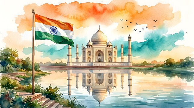 Watercolor painting of taj mahal with waving indian flag agra india