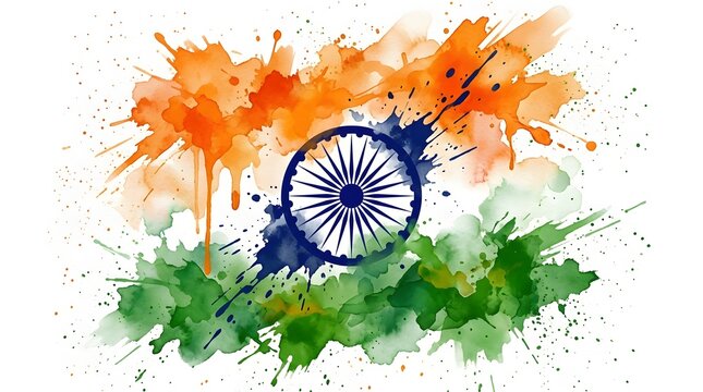 Indian independence day watercolor splash with ashoka chakra symbol