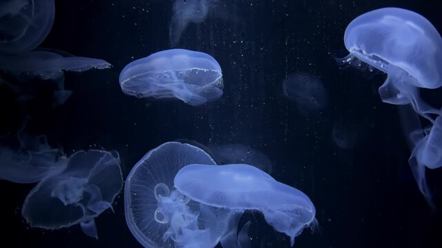 Glowing translucent moon jellyfish (Aurelia aurita) floating gracefully in deep blue dark water. Beautiful marine life, underwater creature, and aquarium concept background.