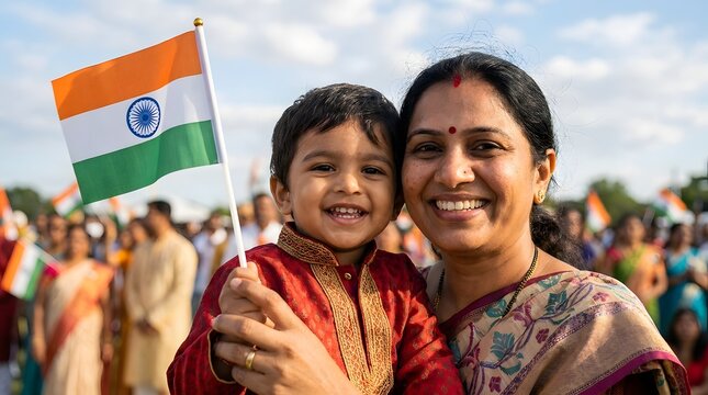 Indian mother and son celebrating independence day with national flag