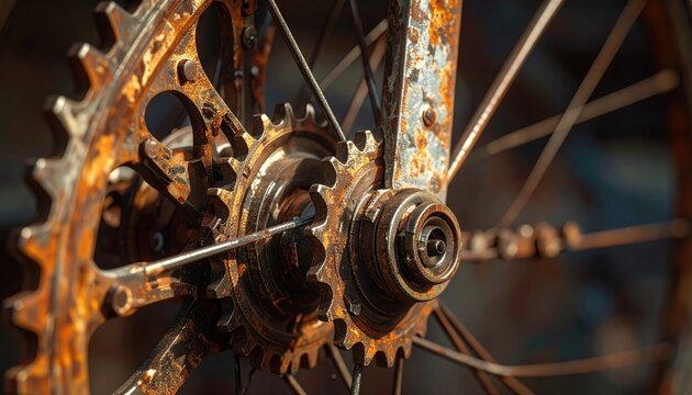 Close-up of a Rusty Bicycle Sprocket and Wheel Hub.