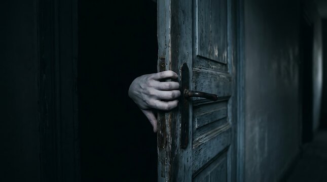 Creepy hand reaching through cracked wooden door in dark hallway