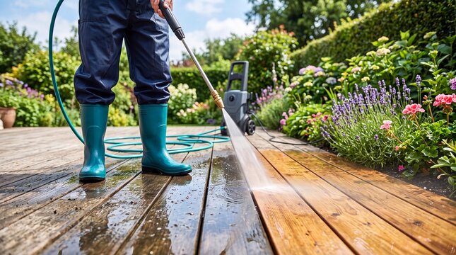 Pressure washing a wooden deck outdoors in a blooming garden. Concept of home maintenance, professional cleaning, spring cleaning and home improvement.