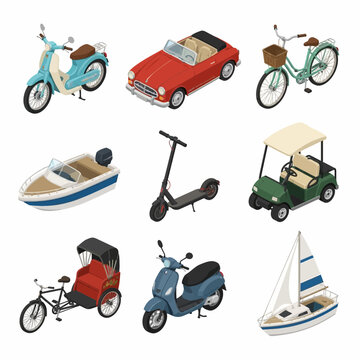 Isometric vector set of various transportation modes including vintage moped, red convertible car, bicycle, motorboat, electric scooter, golf cart, cycle rickshaw, and small sailboat.