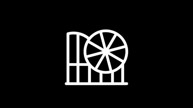 Simple white line art icon of a roller coaster and Ferris wheel on black background