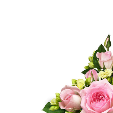 Pink rose flowers in a corner floral arrangement isolated on white or transparent background