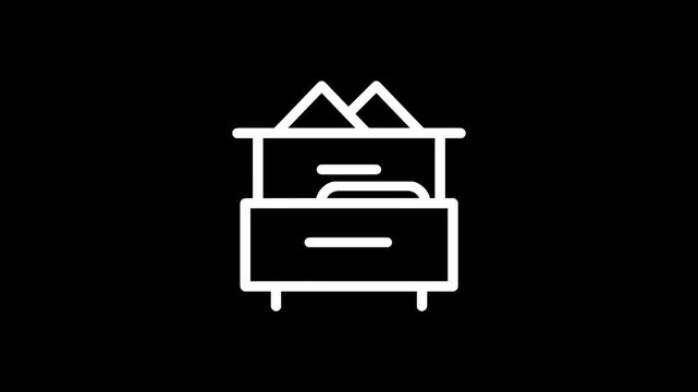 Minimalist white icon of a filing cabinet with documents and mountains on top