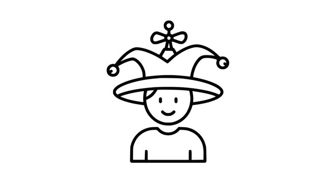 Jester hat icon, simple line art illustration of a smiling person wearing a jester hat