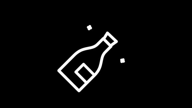Minimalist white outline of a champagne bottle with sparkles on black background