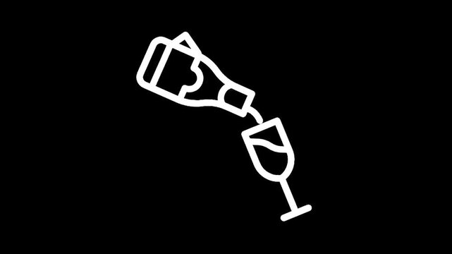 White line art of pouring wine from bottle into glass on black background