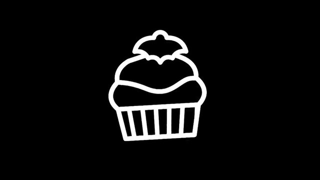 Simple white line art icon of a cupcake on a black background, minimalist design