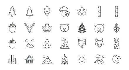 Minimalist forest line icons set, 28 nature and wildlife vector elements, black thin stroke outdoor adventure symbols for camping and hiking branding © Qarshi Stock