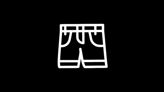 Simple white line art icon of denim shorts on a black background