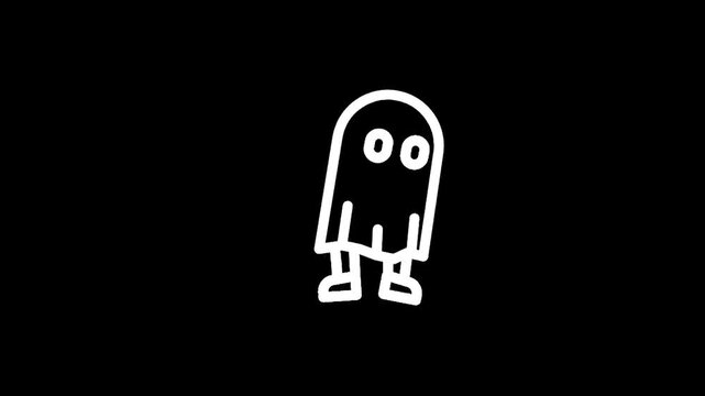 Simple white ghost icon with big eyes and legs on a black background