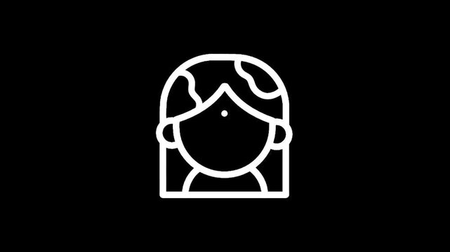 Simple line art icon of a woman with long hair and a bindi on a black background