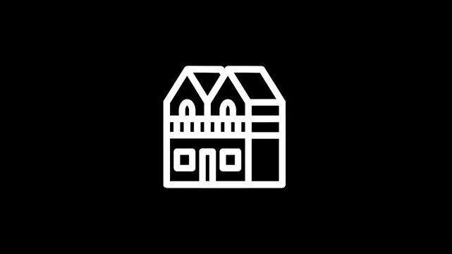 Simple white line icon of a two-story house with a balcony and dormer windows