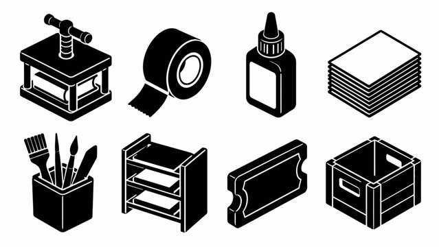 Black and white crafting tools: press, tape, glue, brushes, paper, crate