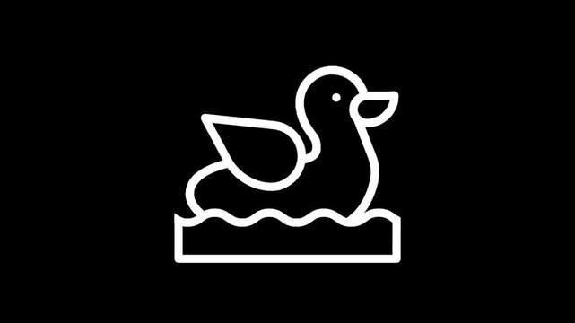 Simple white line art icon of a rubber duck floating on water waves against a black background