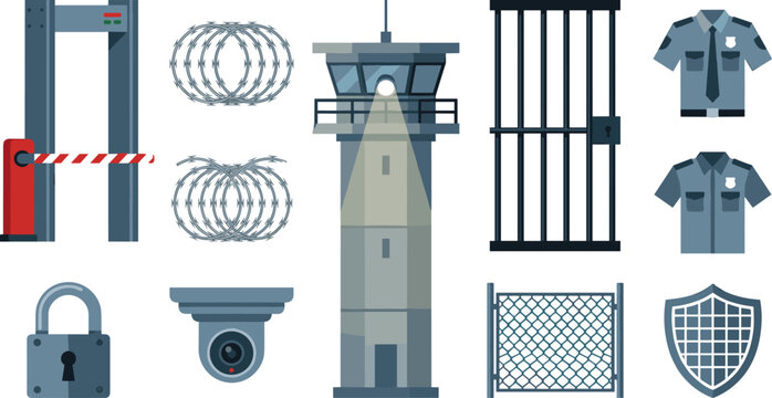 Security and prison icons collection featuring guard tower metal detector barbed wire jail gate surveillance camera and police uniforms vector set