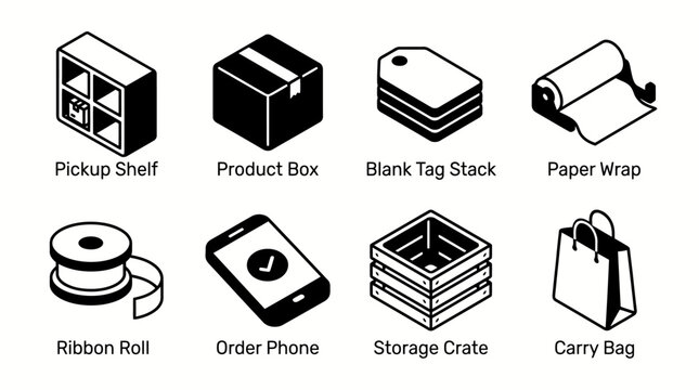 Pickup shelf product box blank tag stack paper wrap icons