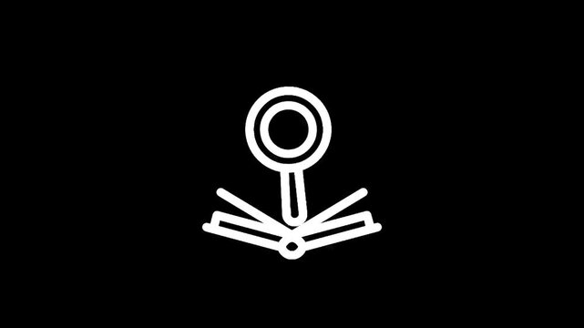 Open book with magnifying glass icon on black background, symbolizing research and discovery