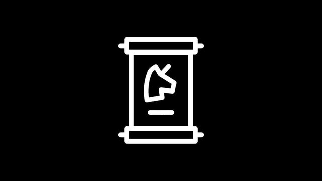 White icon of a scroll with a unicorn silhouette on a black background