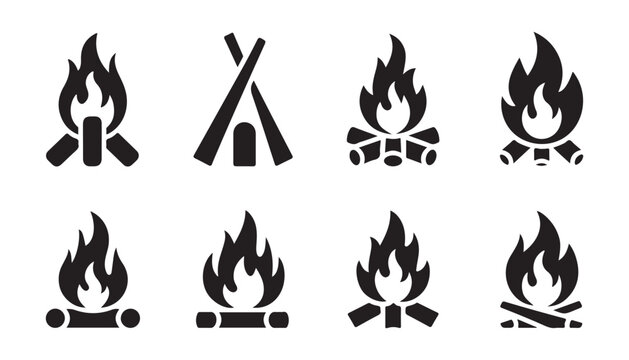 Campfire icons set with logs and wood for outdoor camping trips and hiking adventure travel design.