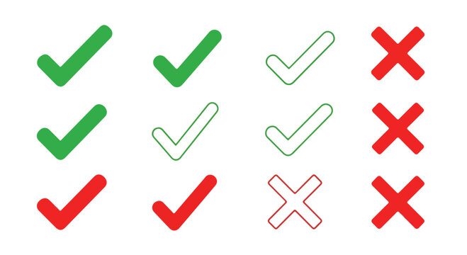 Green check mark and red cross icon set, 12 vector symbols for approval and rejection, flat and outline tick and x marks for UI design