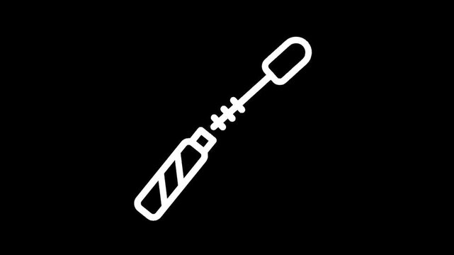 Simple white line art icon of a mascara tube and wand on a black background