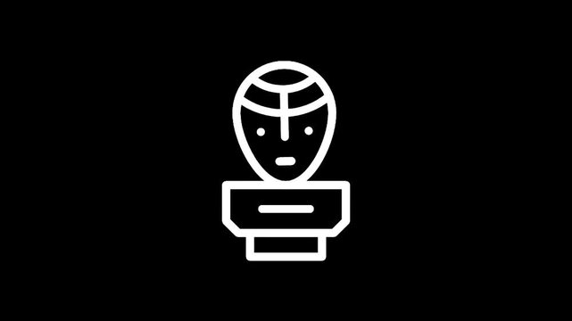 Minimalist white line art icon of a stylized ancient bust on a black background