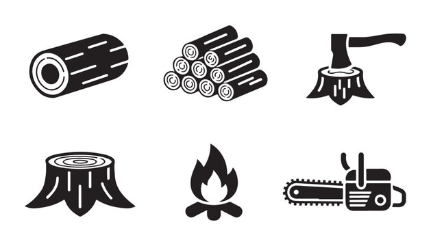 Woodwork and forestry elements set with lumber logs tree stumps firewood campfire and chain saw.