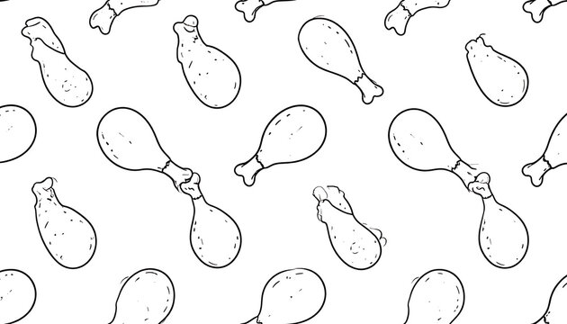 Seamless pattern of chicken drumstick outlines on a white background, simple food illustration for menus or packaging