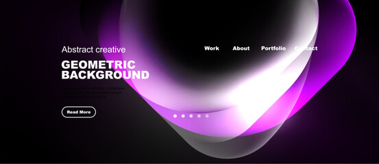 Naklejka premium Dark background features vibrant abstract shapes. Website header includes navigation options, text, button. Modern design aesthetic.