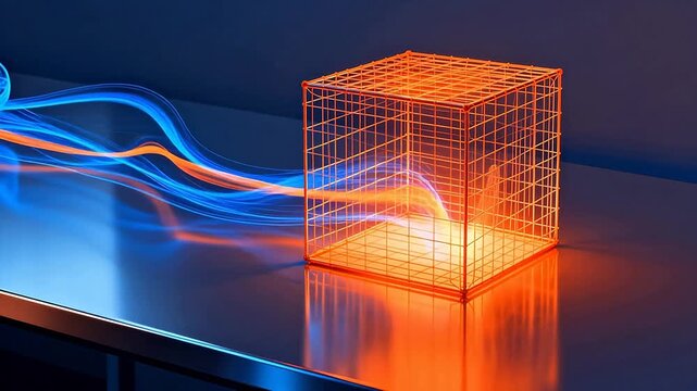 Orange wireframe cube with glowing light