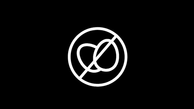 Simple white icon of two eggs crossed out in a circle on a black background