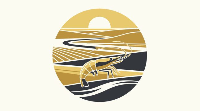 Abstract circular design with flowing river and sun motif.