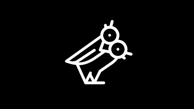 Minimalist white line art of a cartoon owl with big eyes on a black background