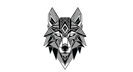 Geometric wolf head vector illustration, tribal style wolf portrait with intricate line art, black and white animal mascot for apparel and branding © ronyroye