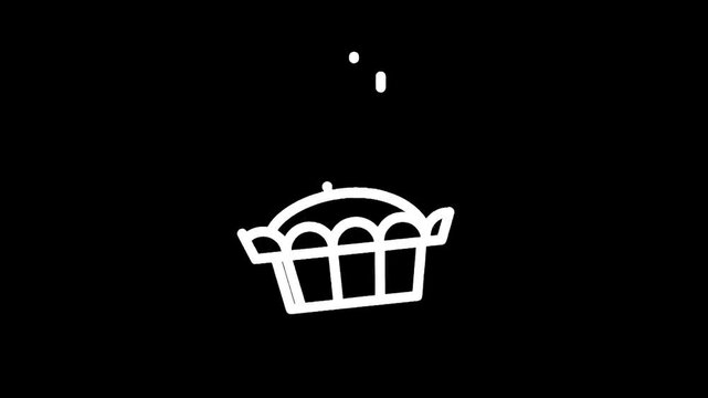 Simple white line drawing of a pie with a decorative crust on a black background