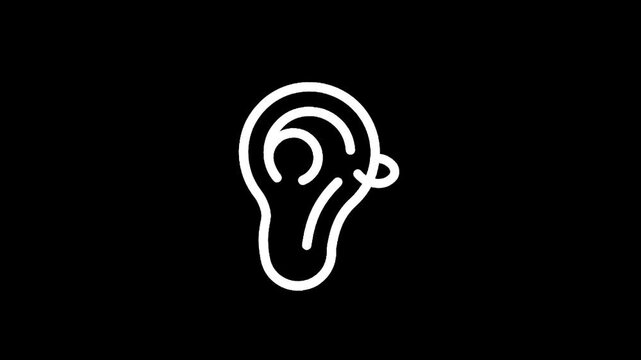 Simple white outline of a human ear on a black background, minimalist design