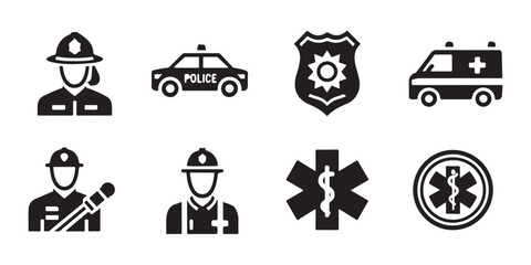 Emergency response icons set with police fire and medical themes for safety and rescue. © Under