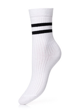 Women's white ribbed sports sock with two black stripes, isolated on white background, side view