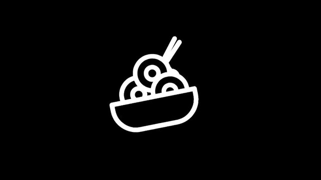 Simple line art icon of a bowl of noodles with chopsticks on a black background